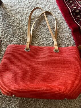 Talbots Orange Woven Tote with Tan Shoulder Straps